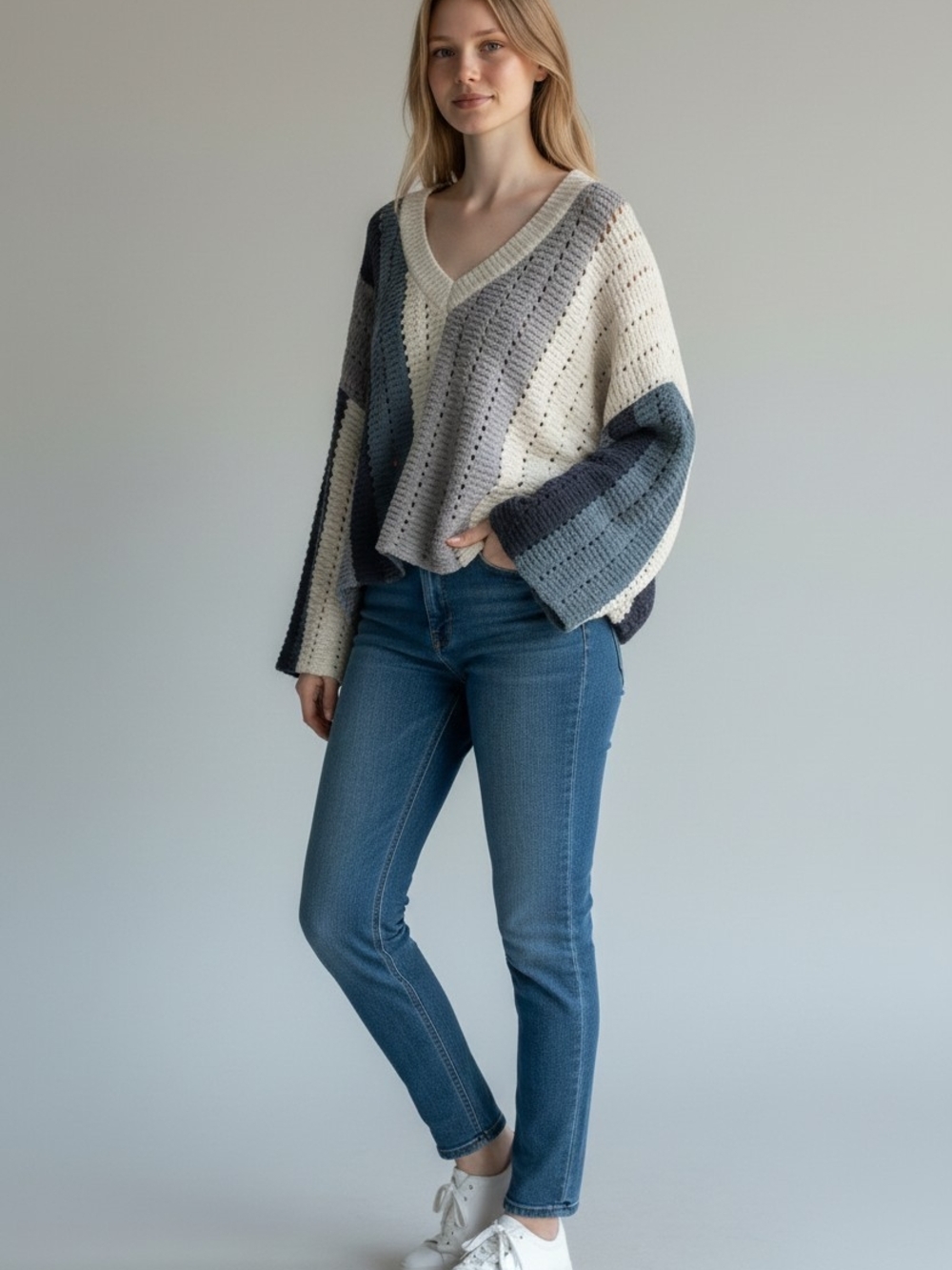 POL Striped V-Neck Crochet Sweater in Cream, Gray and Blue